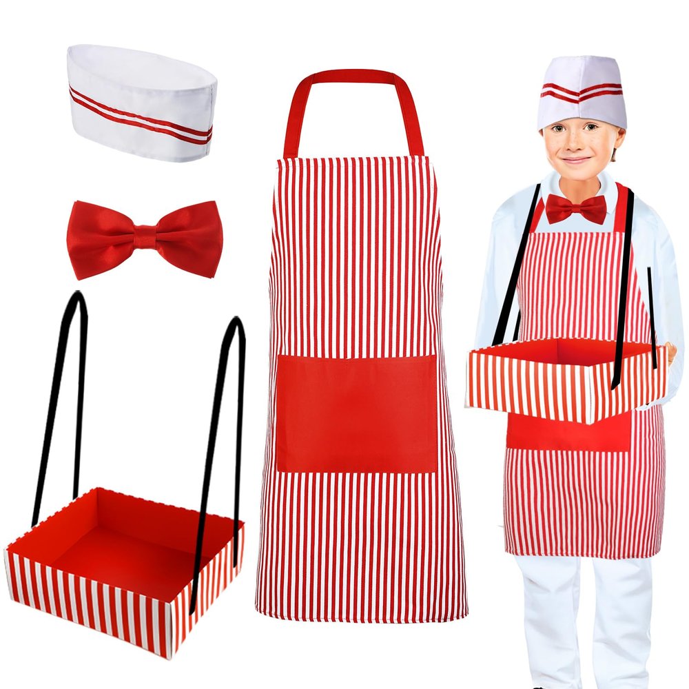 SATINIOR 4 Pcs Waiter Costume Hot Dog Soda Jerk Popcorn Ice Cream Cosplay Costume for Carnival 1950s Movie Night Circus Party(Stripe)