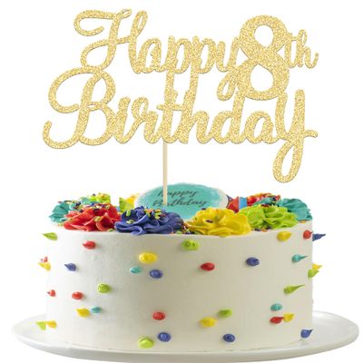 Gyufise 1Pc Gold Happy 8th Birthday Cake Topper Glitter 8th Birthday Cake Pick Cheers to 8 Years Old Eight Fabulous Cake Decorations for 8th Birthday Theme Party Supplies