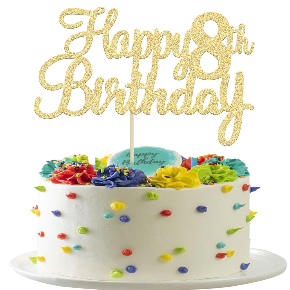 Gyufise 1Pc Gold Happy 8th Birthday Cake Topper Glitter 8th Birthday Cake Pick Cheers to 8 Years Old Eight Fabulous Cake Decorations for 8th Birthday Theme Party Supplies