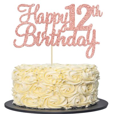 Gyufise 1Pc Happy 12th Birthday Cake Topper Glitter 12th Birthday Cake Pick Cheers to 12 Years Old Twelve Fabulous Cake Decorations for 12th Birthday Theme Party Supplies Rose Gold