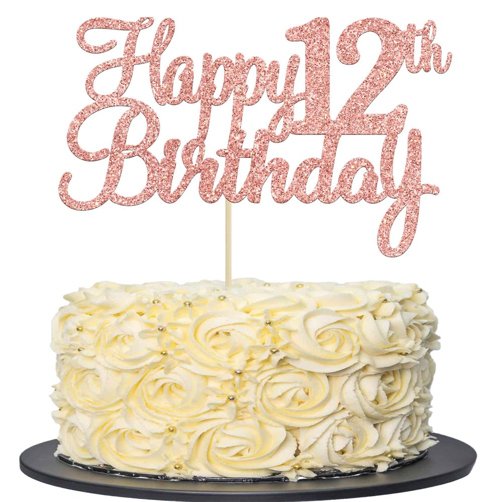Gyufise 1Pc Happy 12th Birthday Cake Topper Glitter 12th Birthday Cake Pick Cheers to 12 Years Old Twelve Fabulous Cake Decorations for 12th Birthday Theme Party Supplies Rose Gold