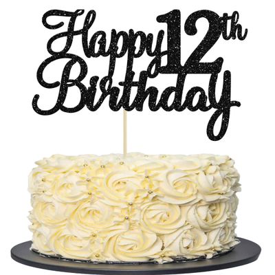 Gyufise 1Pc Happy 12th Birthday Cake Topper Glitter 12th Birthday Cake Pick Cheers to 12 Years Old Twelve Fabulous Cake Decorations for 12th Birthday Theme Party Supplies Black