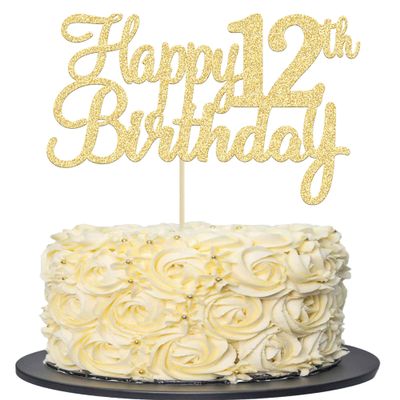 Gyufise 1Pc Happy 12th Birthday Cake Topper Glitter 12th Birthday Cake Pick Cheers to 12 Years Old Twelve Fabulous Cake Decorations for 12th Birthday Theme Party Supplies Gold