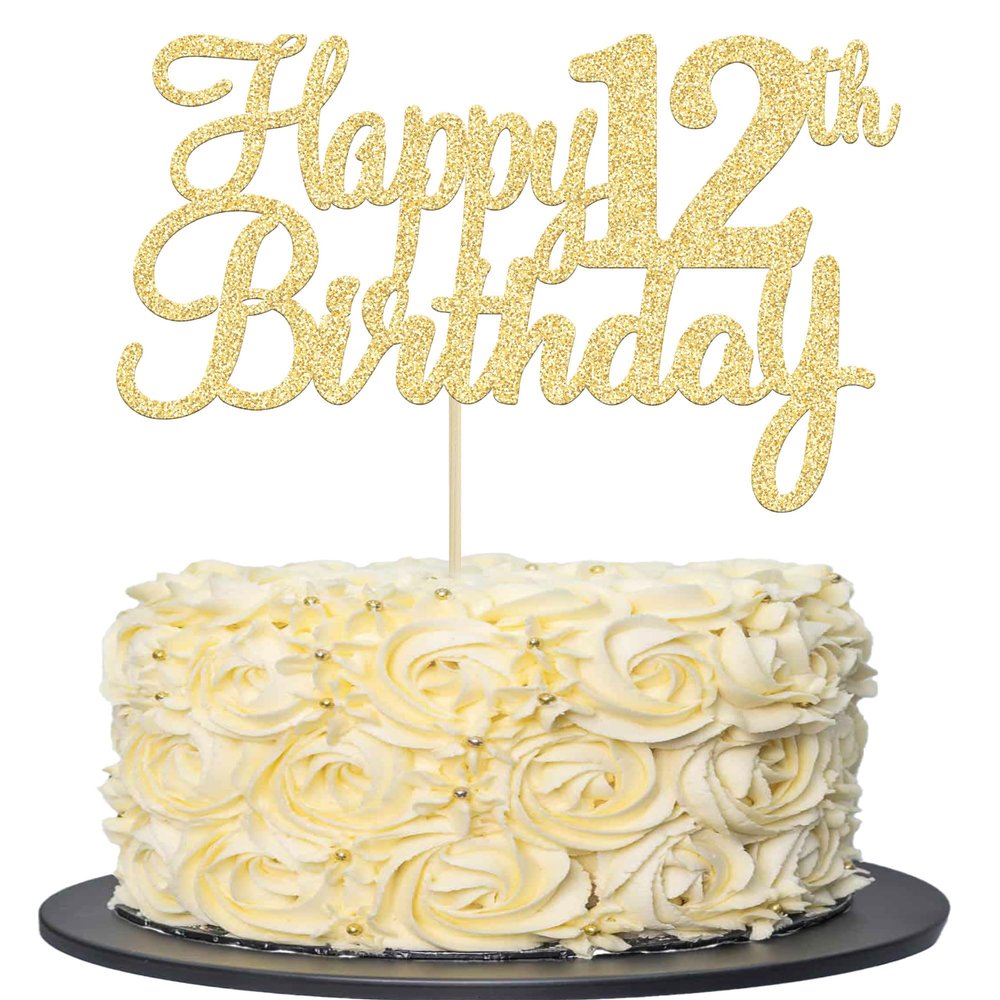 Gyufise 1Pc Happy 12th Birthday Cake Topper Glitter 12th Birthday Cake Pick Cheers to 12 Years Old Twelve Fabulous Cake Decorations for 12th Birthday Theme Party Supplies Gold