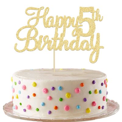 Gyufise 1Pc Happy 5th Birthday Cake Topper Glitter 5th Birthday Cake Pick Cheers to 5 Years Old Five Fabulous Cake Decorations for 5th Birthday Theme Party Supplies Gold