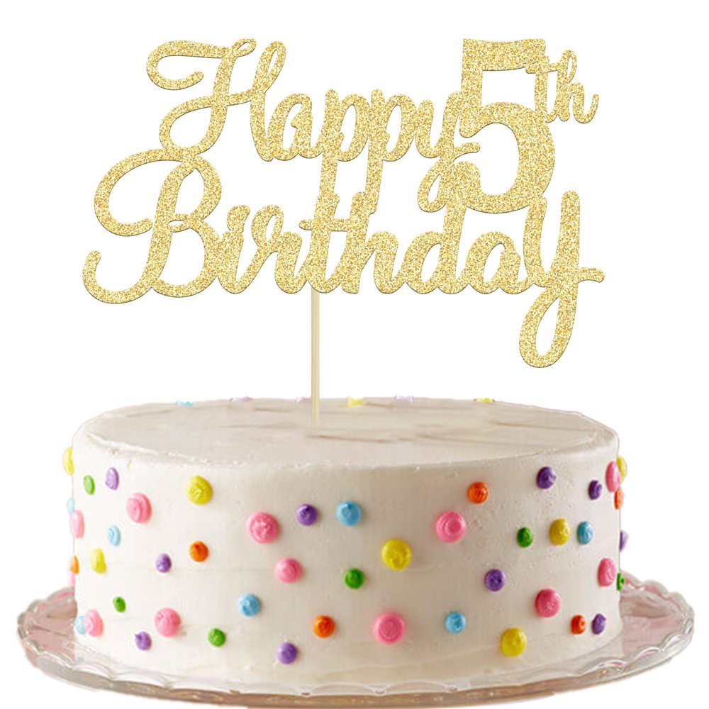 Gyufise 1Pc Happy 5th Birthday Cake Topper Glitter 5th Birthday Cake Pick Cheers to 5 Years Old Five Fabulous Cake Decorations for 5th Birthday Theme Party Supplies Gold