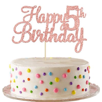 Gyufise 1Pc Happy 5th Birthday Cake Topper Glitter 5th Birthday Cake Pick Cheers to 5 Years Old Five Fabulous Cake Decorations for Party Supplies Rose Gold
