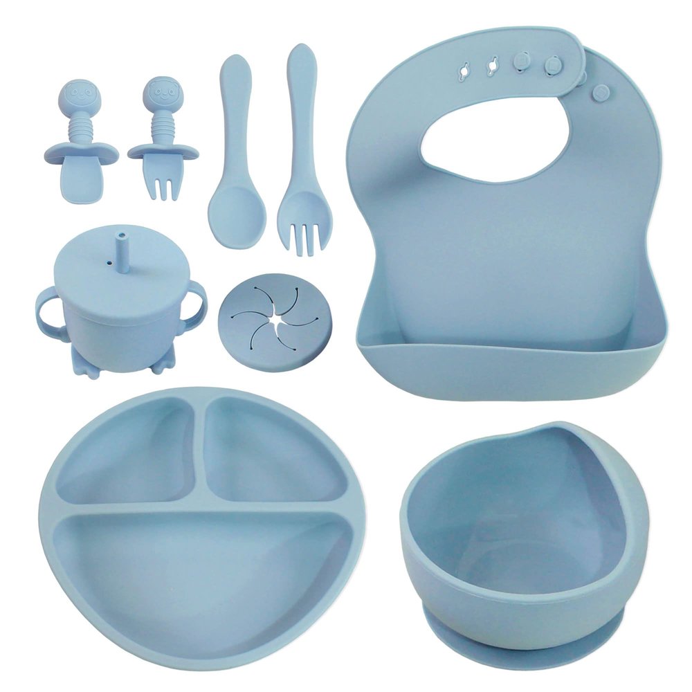 10 Piece Self-Feeding Starter Dining Set for Baby-Led Weaning & Toddlers | Easy Clean, No Stick, Soft, 100% Silicone | Food Grade & BPA Free | Dishwasher & Microwave Safe | Suction Bowl & Plate