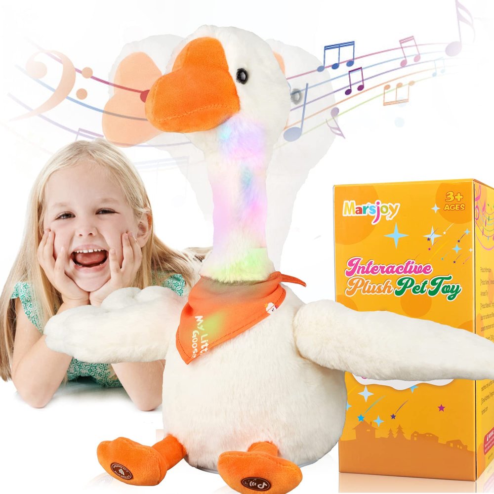 Marsjoy 13" Talking Dancing Goose Swan Stuffed Animal Repeating What You Say Mimicking Recording Plush Baby Toy Musical English Song Singing Glowing Animated Twisting Gift Toy for Boy Kid