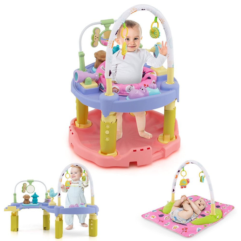 BABY JOY Baby Bouncer Activity Center, 3 in 1 Activity Center & Table | Infant Play Mat, Bouncing Activity Saucer w/Music, 3 Adjustable Height, 360 Seat for Babies 0-24 Months (Pink)