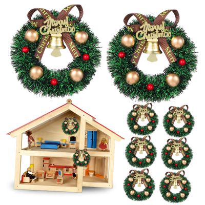 10Pcs Mini Christmas Wreath Ornaments Small Hanging Miniature Wreaths with Bow Bell Decorations for Xmas Tree Door Cabinets Wall Dollhouse