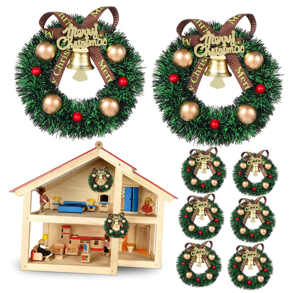 10Pcs Mini Christmas Wreath Ornaments Small Hanging Miniature Wreaths with Bow Bell Decorations for Xmas Tree Door Cabinets Wall Dollhouse