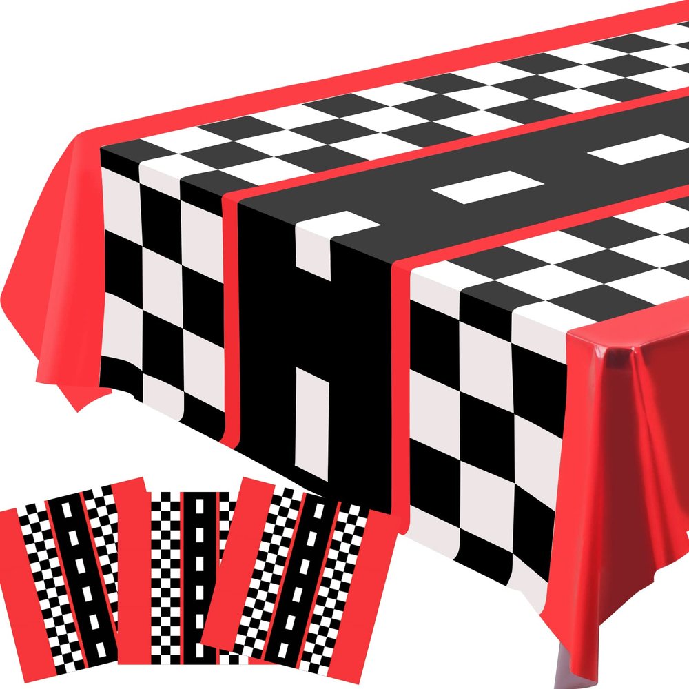 3pcs Race Car Tablecloth, Car Theme Birthday Decorations Supplies, Plastic Road Rectangular Racetrack Table Runner, Checkered TableCovers for Kids, 54 x 108 Inch