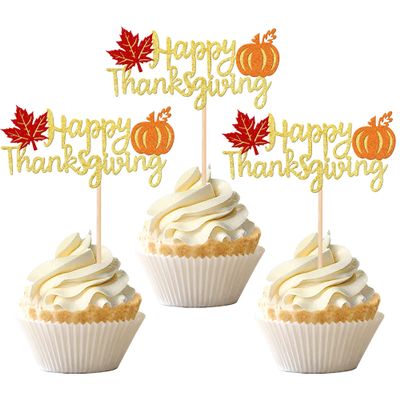 24 PCS Happy Thanksgiving Cupcake Toppers with Glitter Maple Leaf Pumpkin Fall Theme Cupcake Picks for Thanksgiving Day Theme Birthday Party Cake Decorations