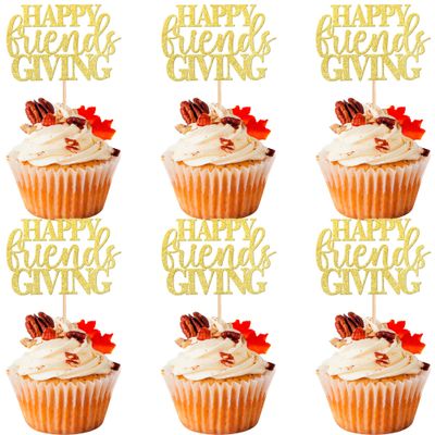 24 PCS Happy Friendsgiving Cupcake Toppers Glitter Fall Theme Thanksgiving Cupcake Picks Give Thanks Cake Decorations for Happy Thanksgiving Day Theme Birthday Party Supplies