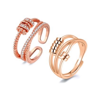 ERLOSYA 2pcs Fidget Band With Beads Spinner Rings for Women,Anti Anxiety Ring Stainless Steel Ring Sand Blast Finish.Unisex Adjustable Stacking Worry Ring (2 Pcs-Rose gold)