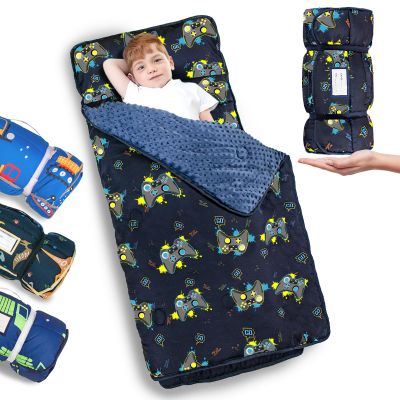Primlect Thickened Toddler Nap Mat with Removable Pillow and Minky Blanket, Extra Large 55''x35'' Sleeping Bag, Washable, Roll up, Perfect for Daycare, Preschool, Kindergarten, Boys and Girls