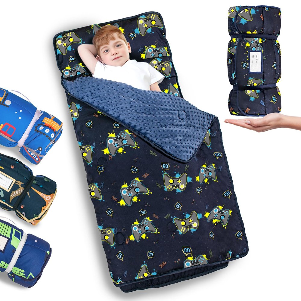 Primlect Thickened Toddler Nap Mat with Removable Pillow and Minky Blanket, Extra Large 55''x35'' Sleeping Bag, Washable, Roll up, Perfect for Daycare, Preschool, Kindergarten, Boys and Girls