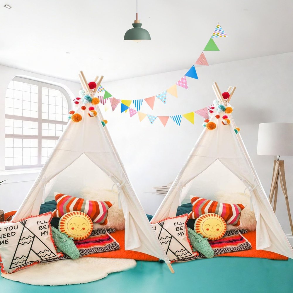 Wilhunter 2 Pack Kids Sleepover Teepee Tent with Lights, Foldable Indoor Slumber Party Tents, Sleep Over Play Tent Playhouse for Girls Birthday Gifts, White