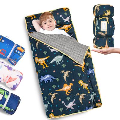 Primlect Thickened Toddler Nap Mat with Removable Pillow and Minky Blanket, Extra Large 55''x35'' Sleeping Bag, Washable, Roll up, Perfect for Daycare, Preschool, Kindergarten, Boys and Girls Dinosaur