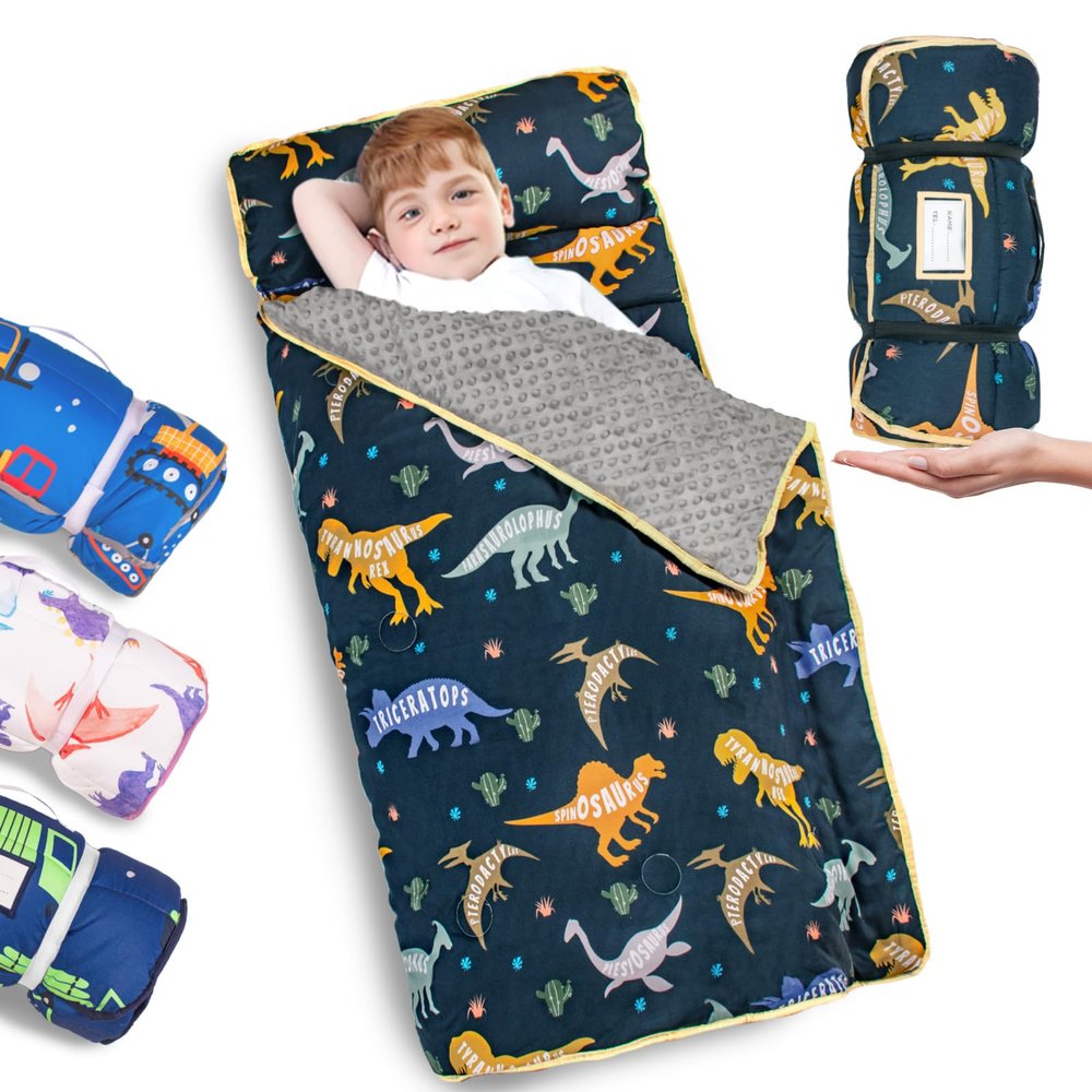Primlect Thickened Toddler Nap Mat with Removable Pillow and Minky Blanket, Extra Large 55''x35'' Sleeping Bag, Washable, Roll up, Perfect for Daycare, Preschool, Kindergarten, Boys and Girls Dinosaur