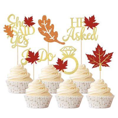 24 Pack He Asked She Said Yes Cupcake Toppers Glitter Love Heart I do Ring Fall Maple Leaves Bridal Shower Cake Food Picks Decorations for Wedding Engagement Theme Party Supplies