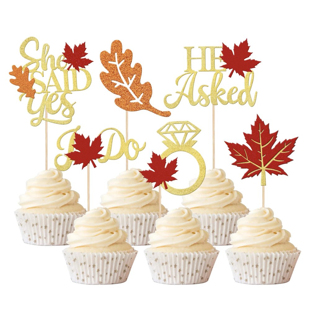 24 Pack He Asked She Said Yes Cupcake Toppers Glitter Love Heart I do Ring Fall Maple Leaves Bridal Shower Cake Food Picks Decorations for Wedding Engagement Theme Party Supplies
