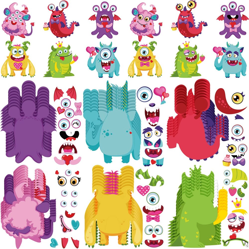 48 Sets Valentine's Day Craft Kits Face Stickers for Kids Valentines Party Favors Supplies Make Your Own Face Heart Animal Stickers Crafts for Kids Birthday School Class Party Decorations