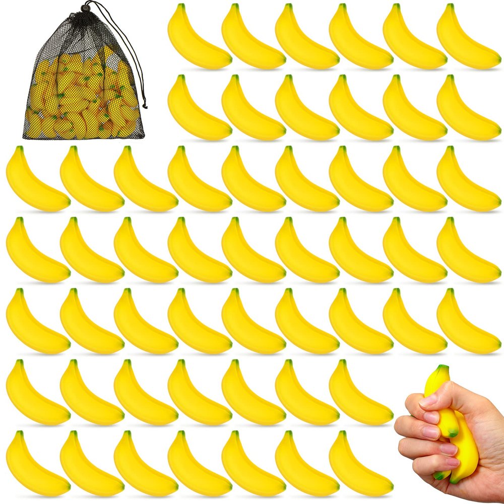 HyDren 50 Pcs Mini Banana Stress Toys Foam Bananas Party Favor Stress Relief Fidget Toy Ball with Storage Bag for Adults Anxiety Relief School Carnival Reward Party Supplies