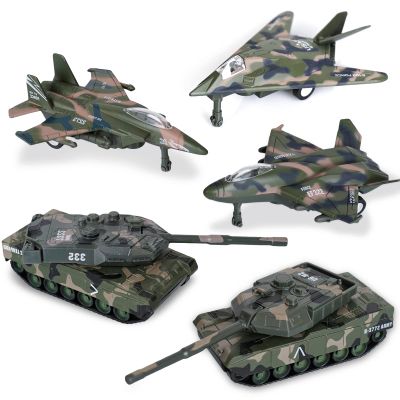 Crelloci 5 Pack Die Cast Fighter Jet Tank Toy, Pull Back Army Toys Vehicle Set, Camouflage Bomber Airplane Tank Vehicles, Military Air Force Playset for Kids Toddlers, Boys Age 3+ (A)