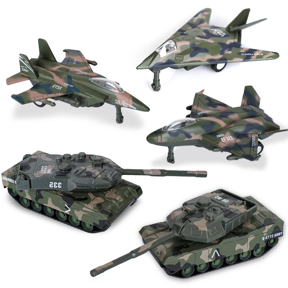 Crelloci 5 Pack Die Cast Fighter Jet Tank Toy, Pull Back Army Toys Vehicle Set, Camouflage Bomber Airplane Tank Vehicles, Military Air Force Playset for Kids Toddlers, Boys Age 3+ (A)