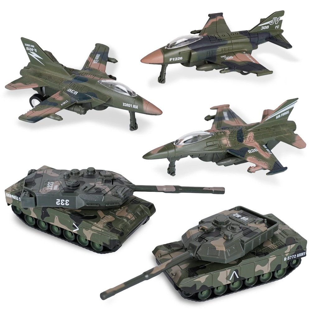 Crelloci 5 Pack Die Cast Fighter Jet Tank Toy, Pull Back Army Toys Vehicle Set, Camouflage Bomber Airplane Tank Vehicles, Military Air Force Playset for Kids Toddlers, Boys Age 3+ (B)