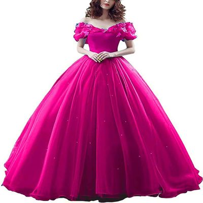 CharmingBridal Cinderella Princess Dress Off Shoulder Ball Gown Costume Quinceanera Dresses Hot Pink