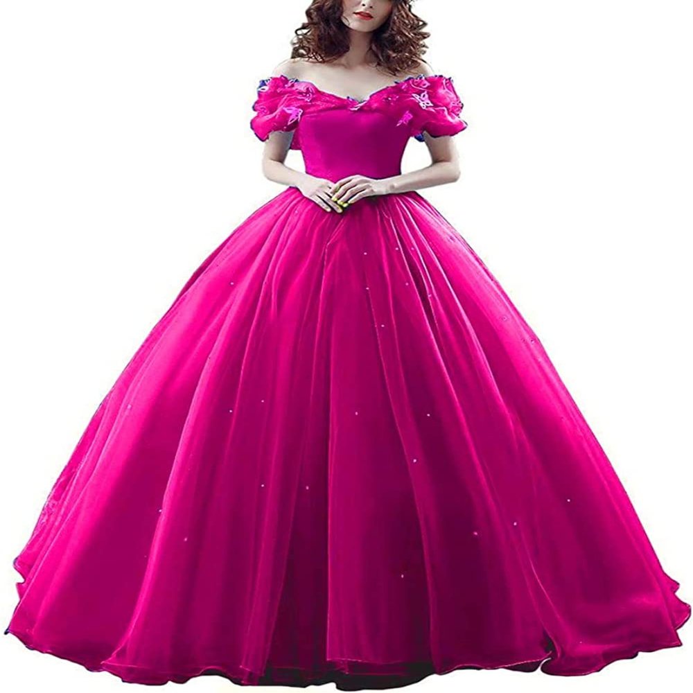CharmingBridal Cinderella Princess Dress Off Shoulder Ball Gown Costume Quinceanera Dresses Hot Pink