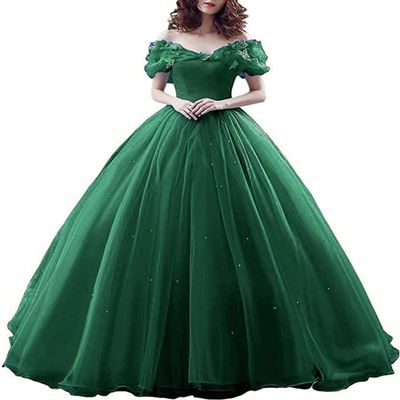 CharmingBridal Cinderella Princess Dress Off Shoulder Ball Gown Costume Quinceanera Dresses Emerald Green