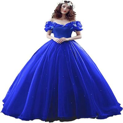 CharmingBridal Cinderella Princess Dress Off Shoulder Ball Gown Costume Quinceanera Dresses Royal Blue