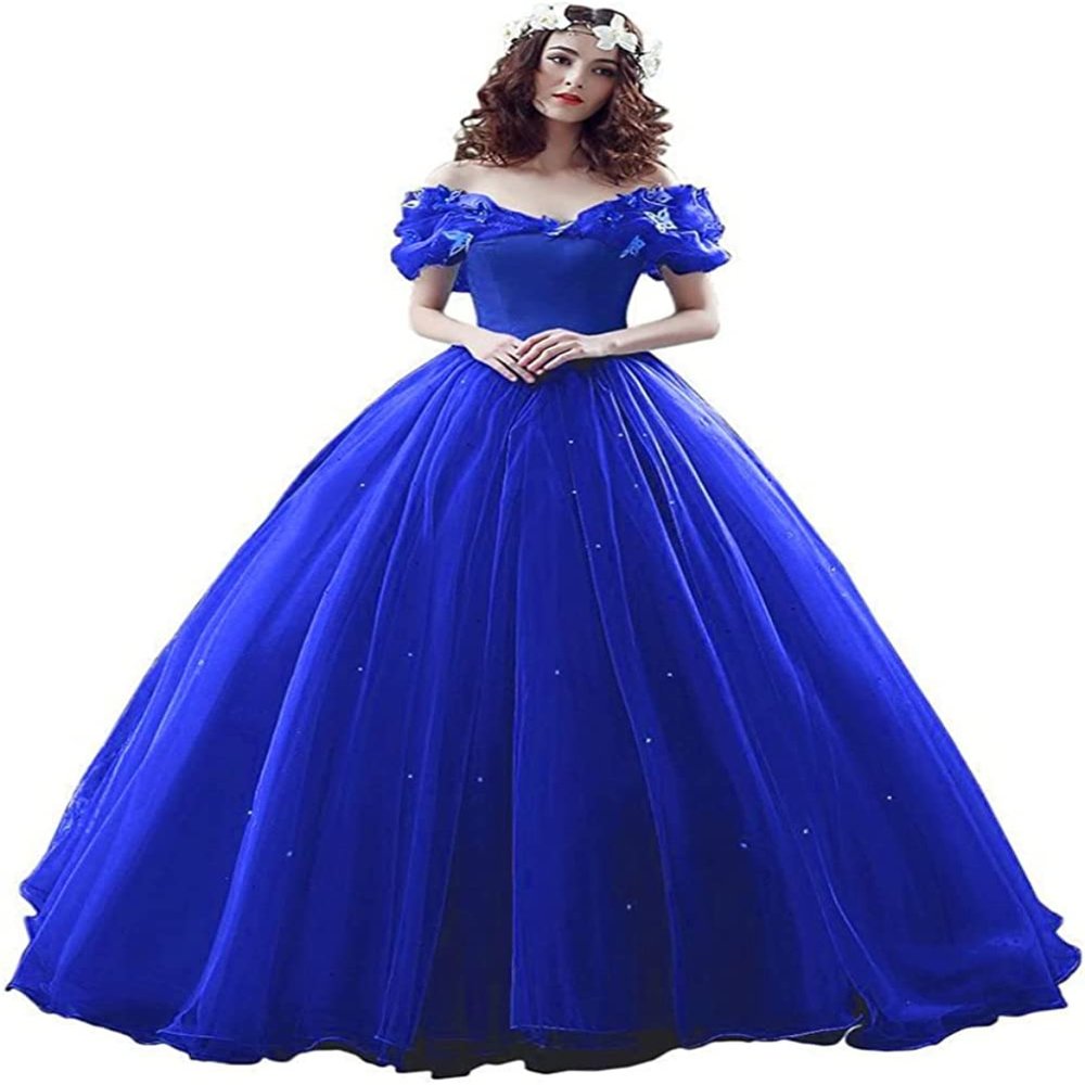 CharmingBridal Cinderella Princess Dress Off Shoulder Ball Gown Costume Quinceanera Dresses Royal Blue
