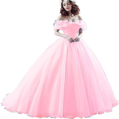 CharmingBridal Cinderella Princess Dress Off Shoulder Ball Gown Costume Quinceanera Dresses Pink