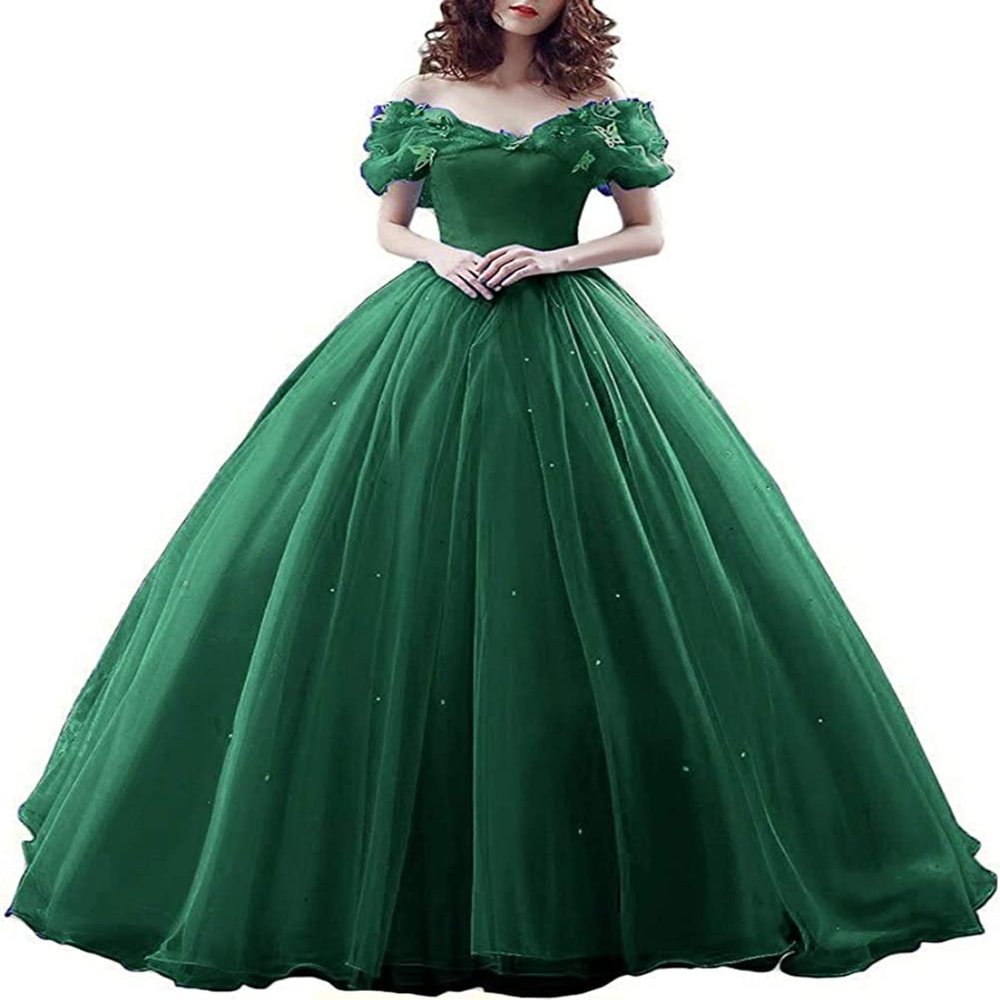 CharmingBridal Cinderella Princess Dress Off Shoulder Ball Gown Costume Quinceanera Dresses Emerald Green
