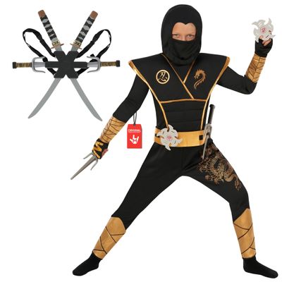 Morph Deluxe Black Boys Ninja Costume With Ninjas Toy Swords Accessory, Kids Ninja Costumes, Boy Halloween Costume, Small