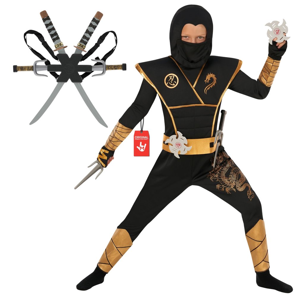 Morph Deluxe Black Boys Ninja Costume With Ninjas Toy Swords Accessory, Kids Ninja Costumes, Boy Halloween Costume, Small