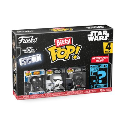 Funko Bitty POP! Star Wars - Darth Vader, 4-Pack - Darth Vader, TIE Fighter Pilot, Stormtrooper and A Surprise Mystery Mini Figure - 0.9 Inch (2.2 Cm) Collectable - Stackable Display Shelf Included