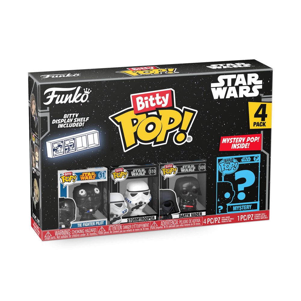 Funko Bitty POP! Star Wars - Darth Vader, 4-Pack - Darth Vader, TIE Fighter Pilot, Stormtrooper and A Surprise Mystery Mini Figure - 0.9 Inch (2.2 Cm) Collectable - Stackable Display Shelf Included