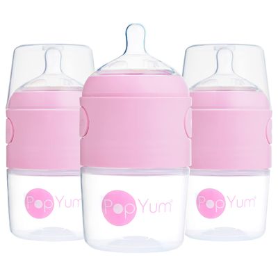 PopYum 5 oz Pink Anti-Colic Formula Making/Mixing/Dispenser Baby Bottles, 3-Pack with #1 Slow Flow Nipples, 150 ml, BPA-Free, Natural Latch