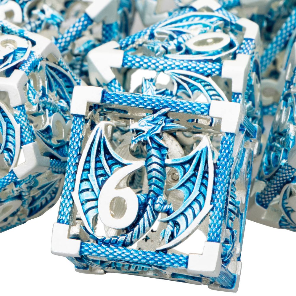 ARUOHHA Hollow DND Metal Dice Set Blue Dragons D and D Dice, RPG Role Playing Games Dungeons Polyhedral Dice with Gift Box D20 D12 D10 D8 D6 D4