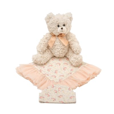 Haute Baby Hint of Spring Baby Keepsake Gift Set Includes Decorative Plush Bear, Floral Blanket with Tulle Trim & Matching Cap Elegant Newborn Gift Presentation