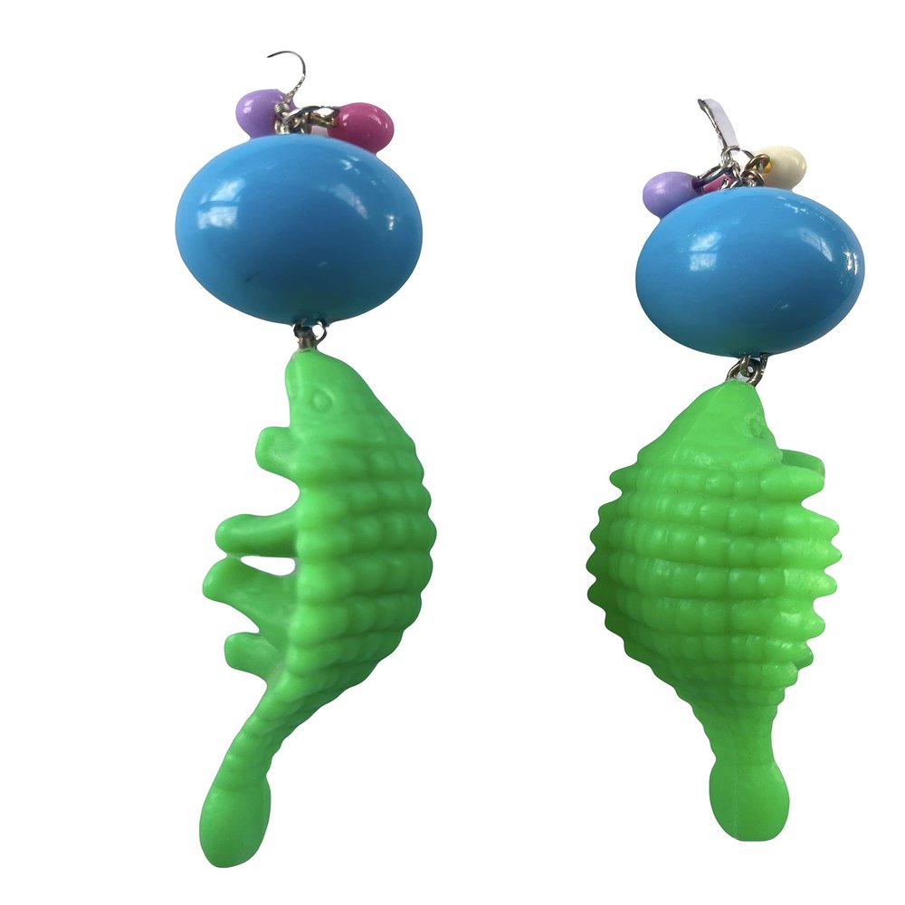 Dinosaur chunky figure neon armadillo pet earrings birthday party blue bead dangling