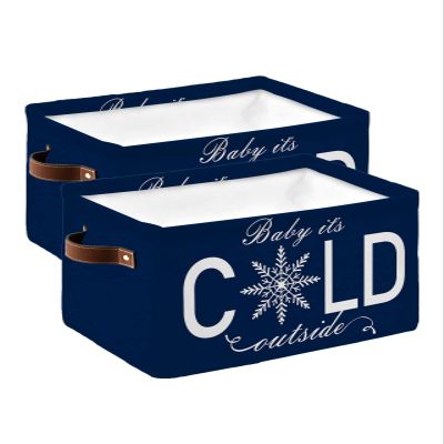 Large Storage Baskets Bins 2 Pack Christmas Snowflake Collapsible Storage Box Laundry Organizer for Closet Shelf Nursery Kids Bedroom Baby It's Cold Outside Winter Navy Blue
