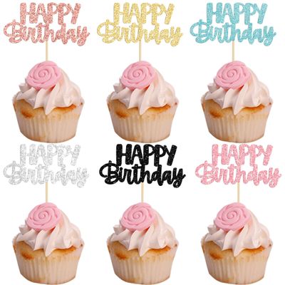 Gyufise 24Pcs Happy Birthday Cupcake Toppers Glitter Birthday Cupcake Food Picks for Celebrating Happy Birthday Party Cake Decorations Supplies Six Colors