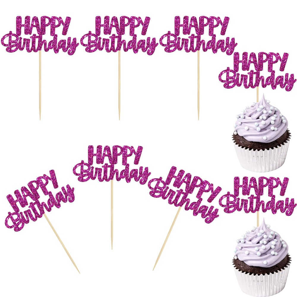 Gyufise 24Pcs Happy Birthday Cupcake Toppers Glitter Birthday Cupcake Food Picks for Celebrating Purple Theme Party Cake Decorations Supplies Purple